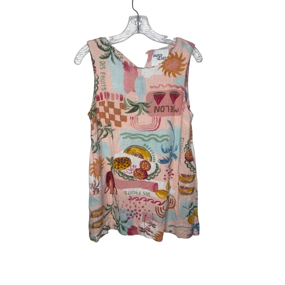 Paper Heart Womens Pink Tropical Fruit Linen Blend Sleeveless Top Size M Pockets
